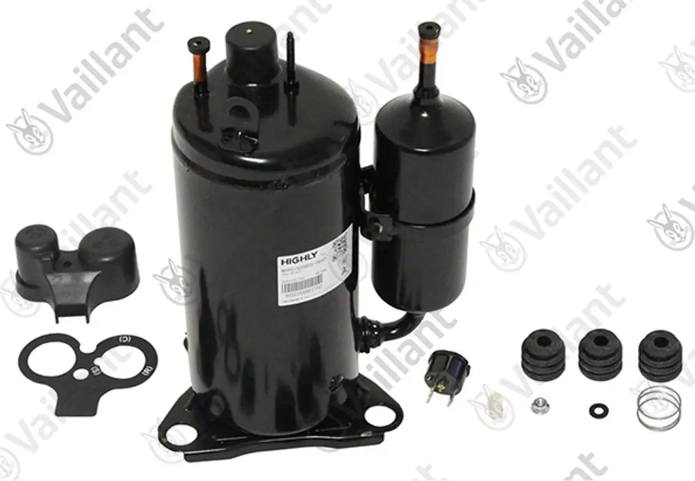 Vaillant-Kompressor mit einem großen zylindrischen Gehäuse, Auffangbehälter und verschiedenen Zubehörteilen, einschließlich Dichtungen und einem Stecker.